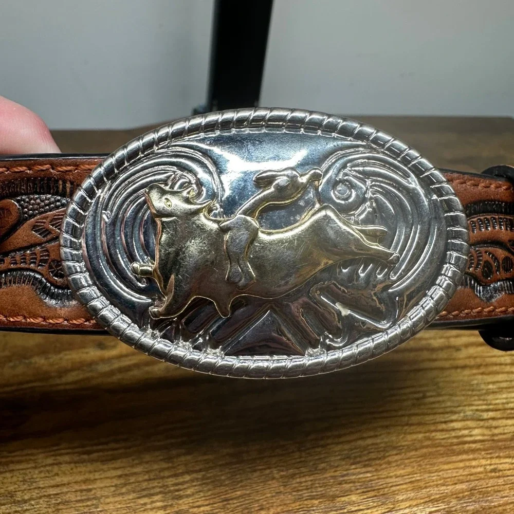 Nocona Kids Brown Leather Western Belt Bull Rider Trophy Buckle Tooled Size 18
